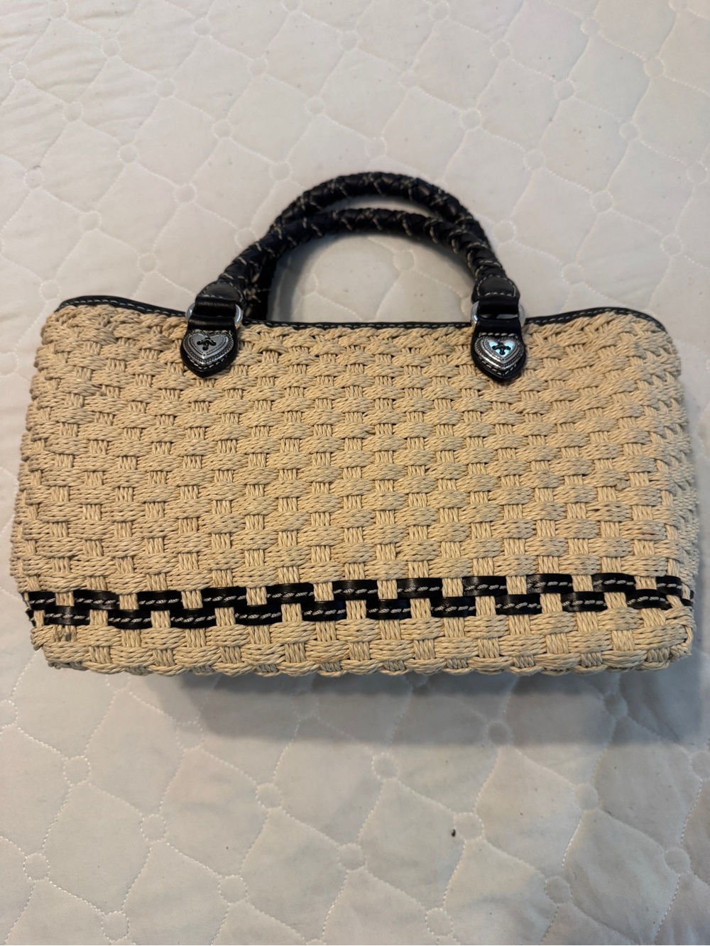 Brighton Beige Woven Straw Tote Bag with Black Trim